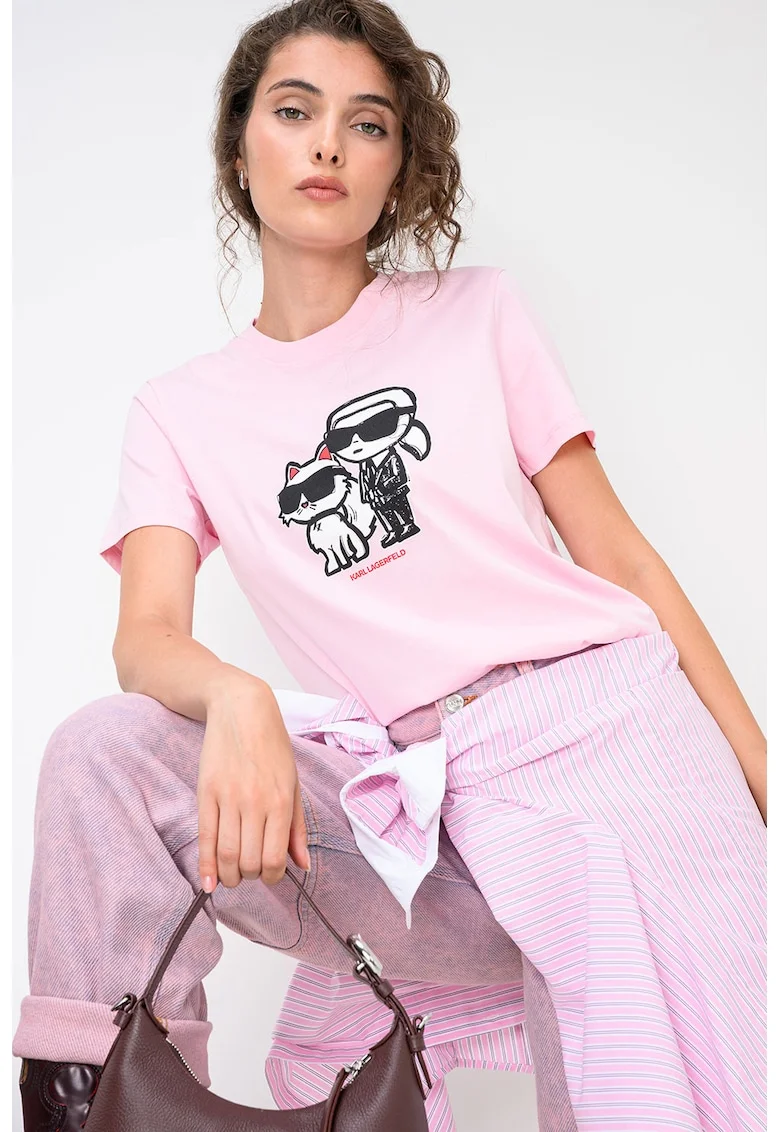 Tricou cu decolteu la baza gatului si imprimeu Ikon, Roz deschis