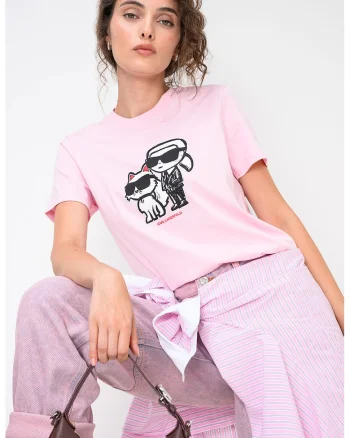 Tricou cu decolteu la baza gatului si imprimeu Ikon, Roz deschis