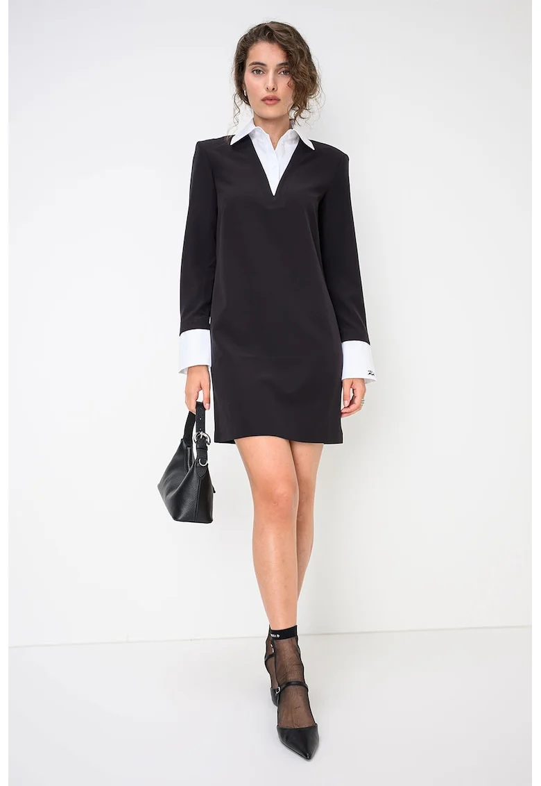 Rochie mini cu mansete contrastante si guler, Negru