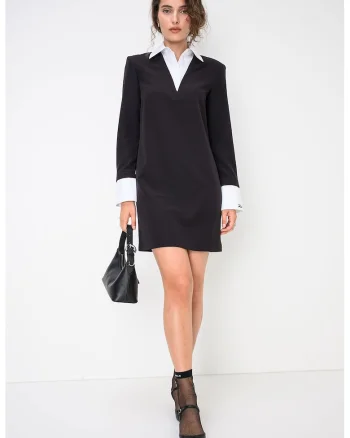 Rochie mini cu mansete contrastante si guler, Negru