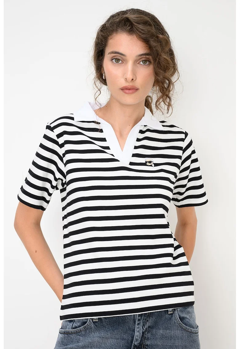 Tricou regular fit polo din bumbac cu model in dungi, Alb/Negru