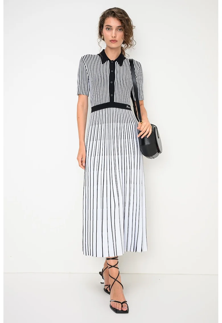 Rochie midi plisata cu model in dungi, Alb/Negru