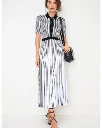Rochie midi plisata cu model in dungi, Alb/Negru