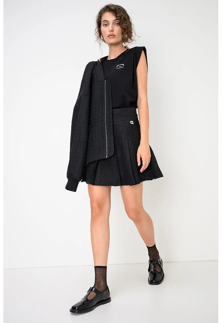 Fusta mini plisata din amestec de lana boucle Ikon, Negru