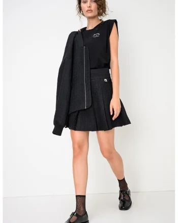 Fusta mini plisata din amestec de lana boucle Ikon, Negru