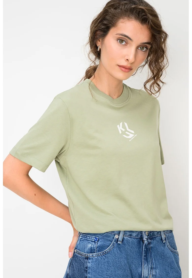 Tricou cu decolteu la baza gatului si model monograma, Verde deschis