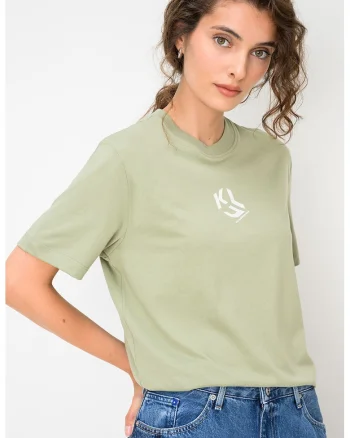 Tricou cu decolteu la baza gatului si model monograma, Verde deschis