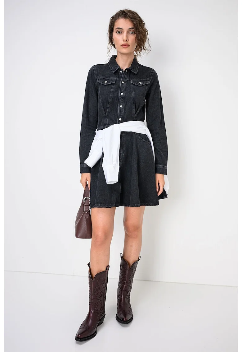 Rochie-camasa evazata din denim, Negru stins