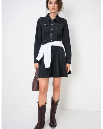 Rochie-camasa evazata din denim, Negru stins