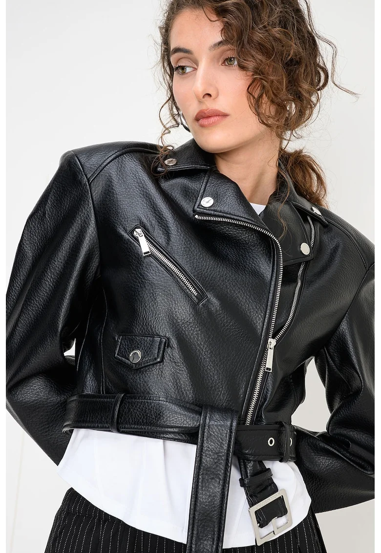 Jacheta crop din piele ecologica, Negru