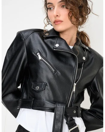 Jacheta crop din piele ecologica, Negru