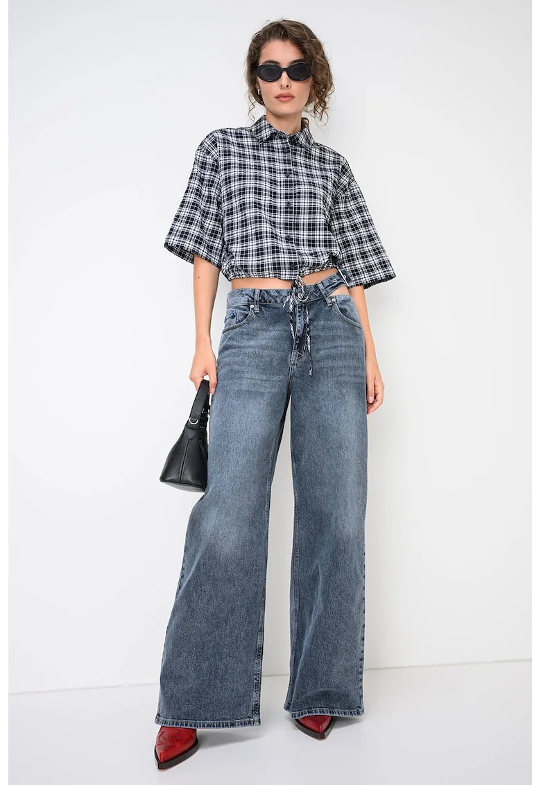 Camasa crop cu guler clasic, Alb/Negru