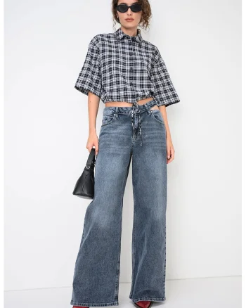 Camasa crop cu guler clasic, Alb/Negru