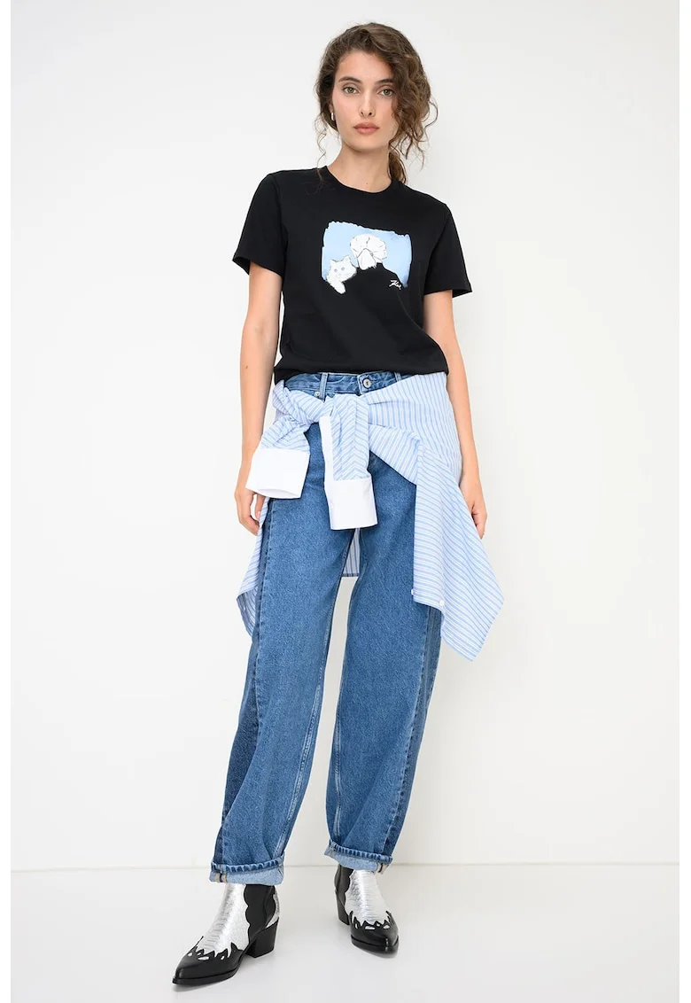 Tricou din bumbac cu imprimeu pisica, Negru