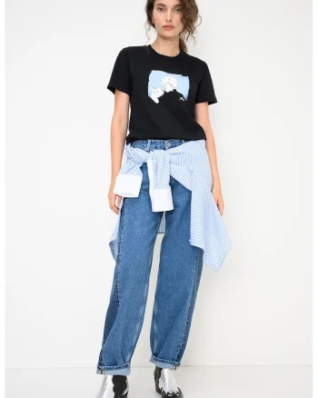 Tricou din bumbac cu imprimeu pisica, Negru