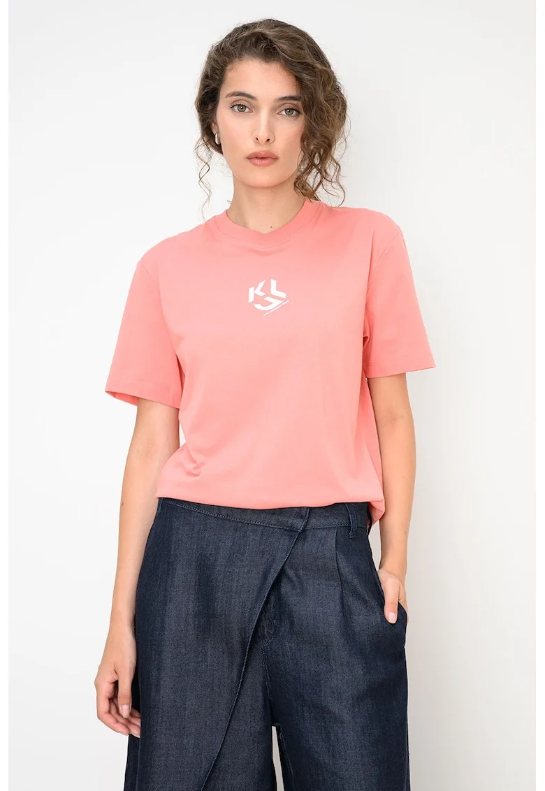 Tricou cu decolteu la baza gatului si model monograma, Roz somon