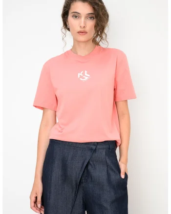 Tricou cu decolteu la baza gatului si model monograma, Roz somon