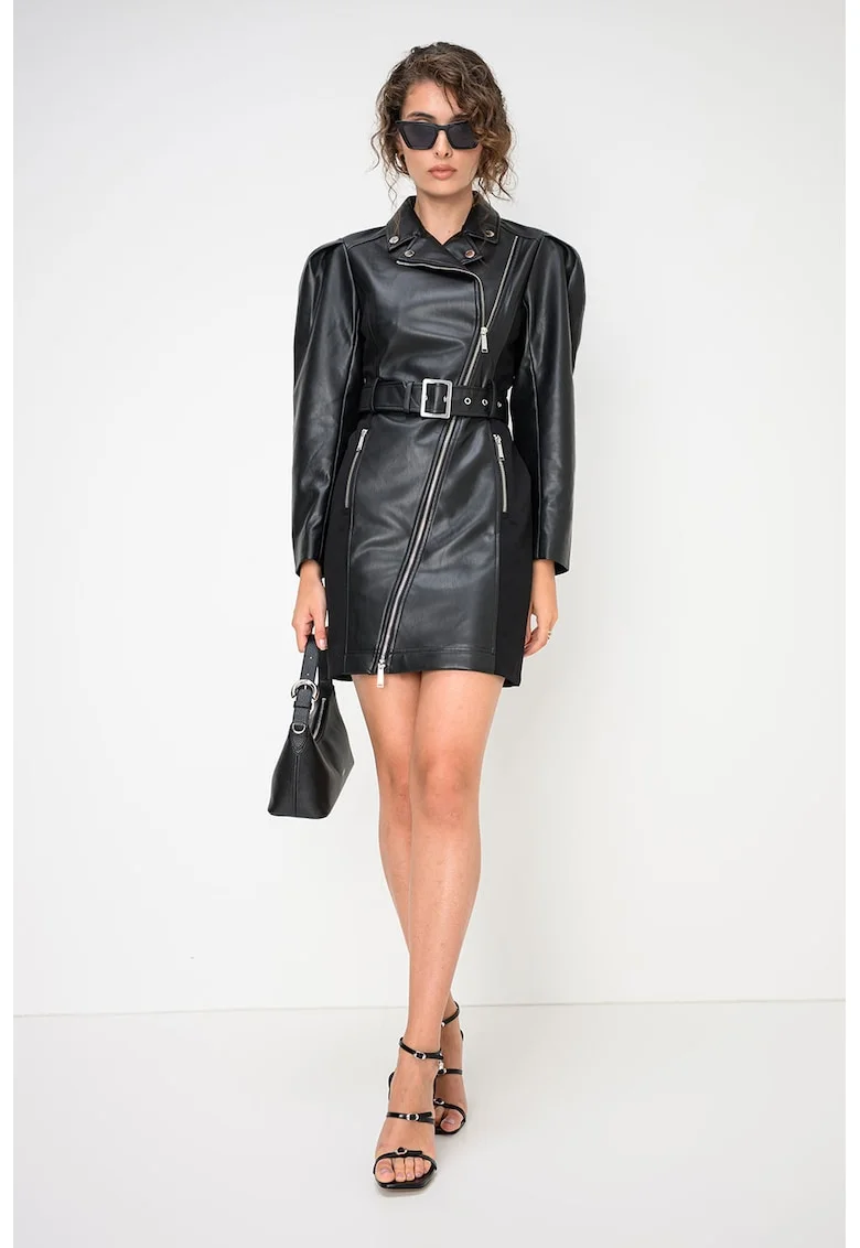 Rochie mini biker din piele ecologica cu maneci bufante, Negru