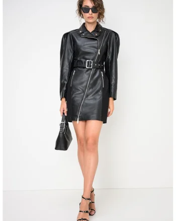 Rochie mini biker din piele ecologica cu maneci bufante, Negru