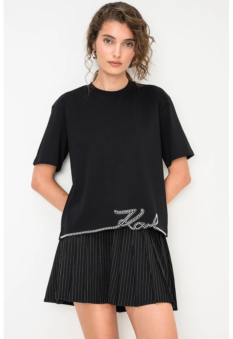 Tricou lejer din bumbac cu terminatie cu logo, Alb/Negru