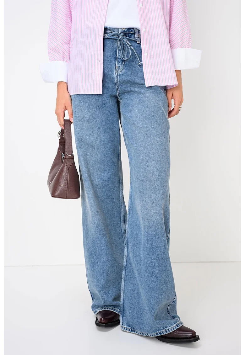 Blugi relaxed fit cu talie inalta si snur de ajustare in talie, Albastru deschis