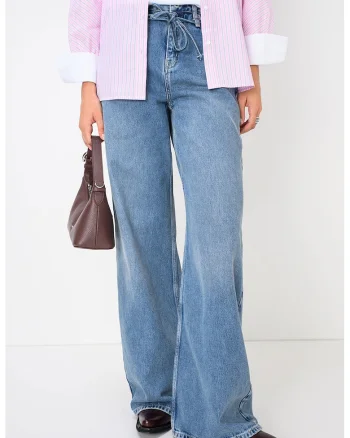 Blugi relaxed fit cu talie inalta si snur de ajustare in talie, Albastru deschis