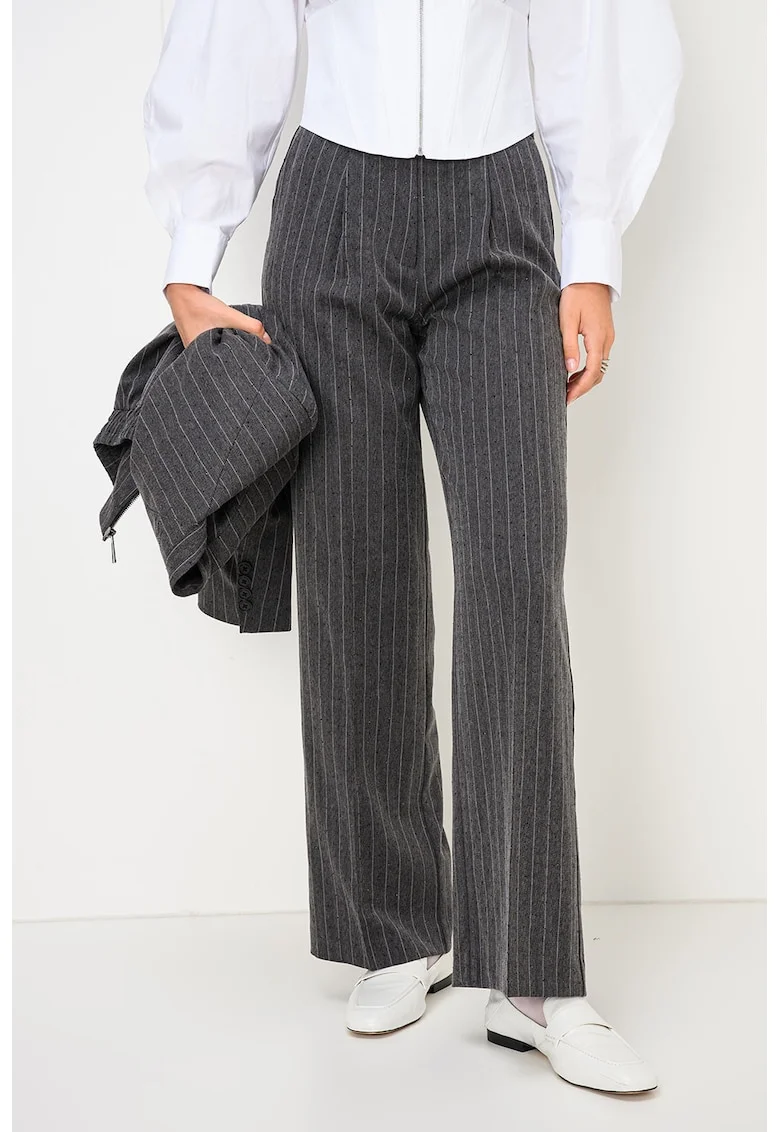 Pantaloni cu croiala ampla si model in dungi, Alb/Gri inchis
