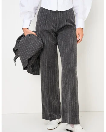 Pantaloni cu croiala ampla si model in dungi, Alb/Gri inchis