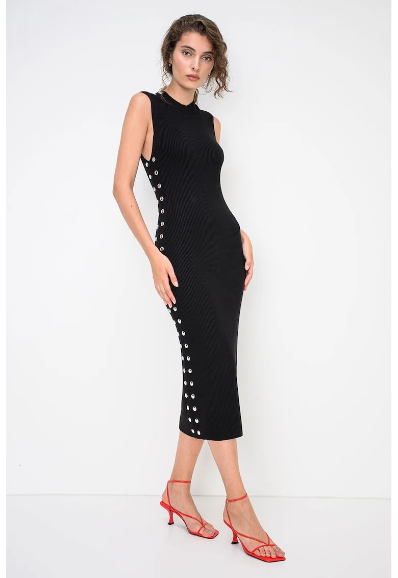 Rochie midi cambrata cu aplicatii cu tinte, Negru