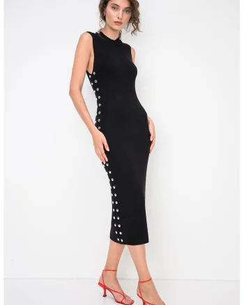 Rochie midi cambrata cu aplicatii cu tinte, Negru