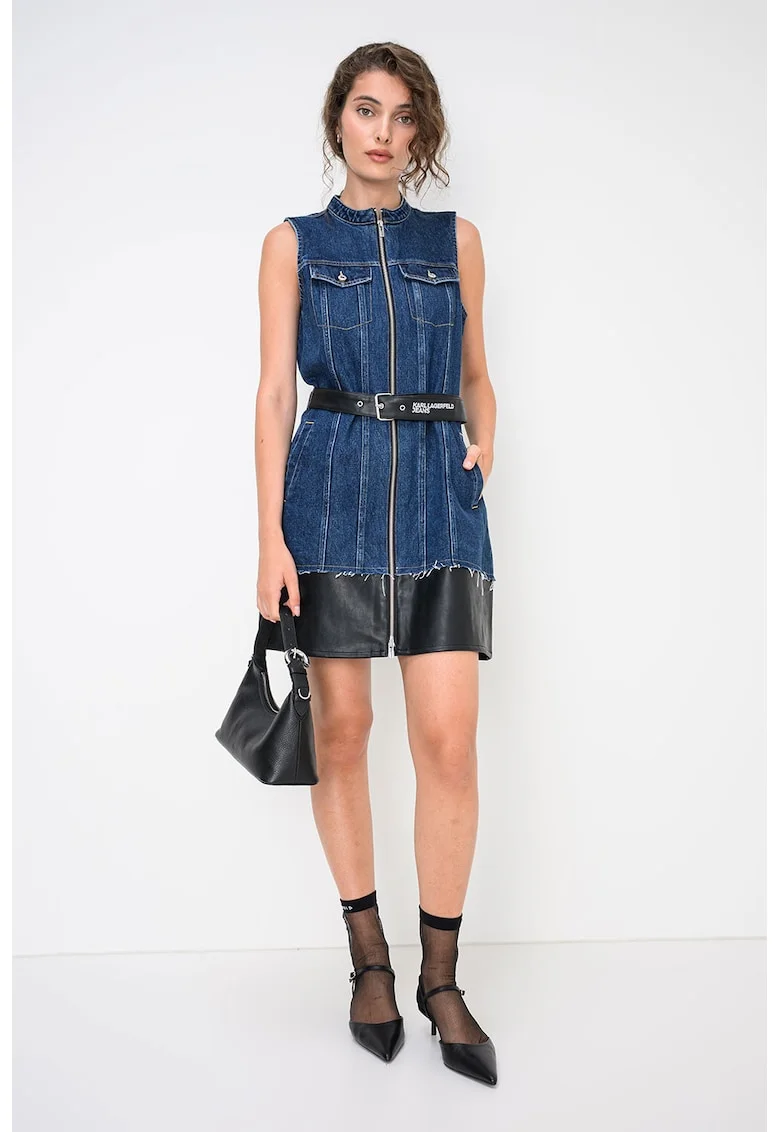 Rochie evazata din denim cu insertii din piele ecologica, Negru/Albastru inchis