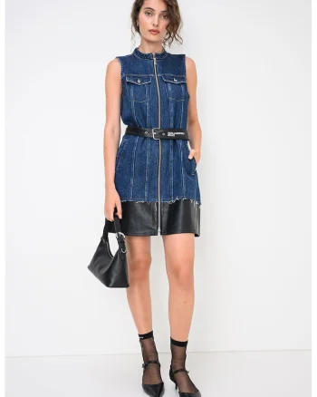 Rochie evazata din denim cu insertii din piele ecologica, Negru/Albastru inchis