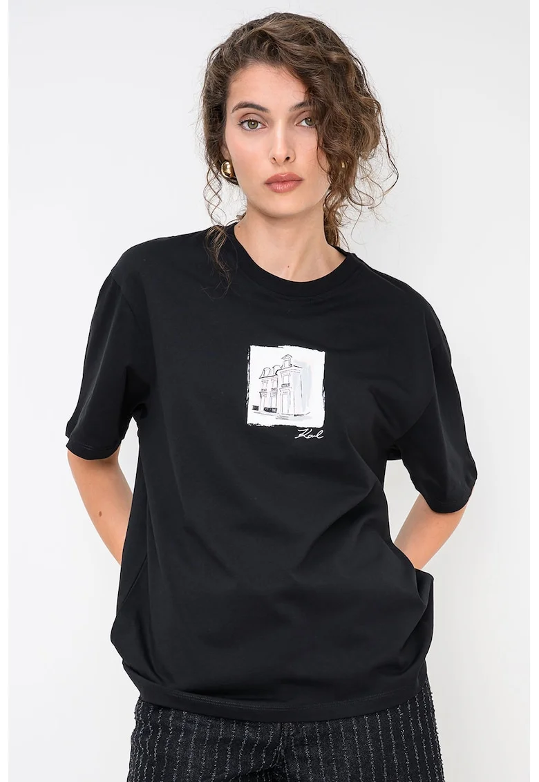 Tricou supradimensionat cu imprimeu grafic, Negru