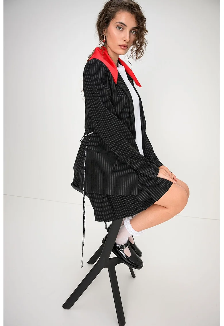 Sacou cu model in dungi si revere decupate, Alb/Negru