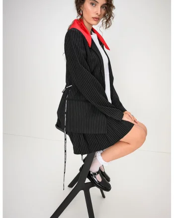 Sacou cu model in dungi si revere decupate, Alb/Negru