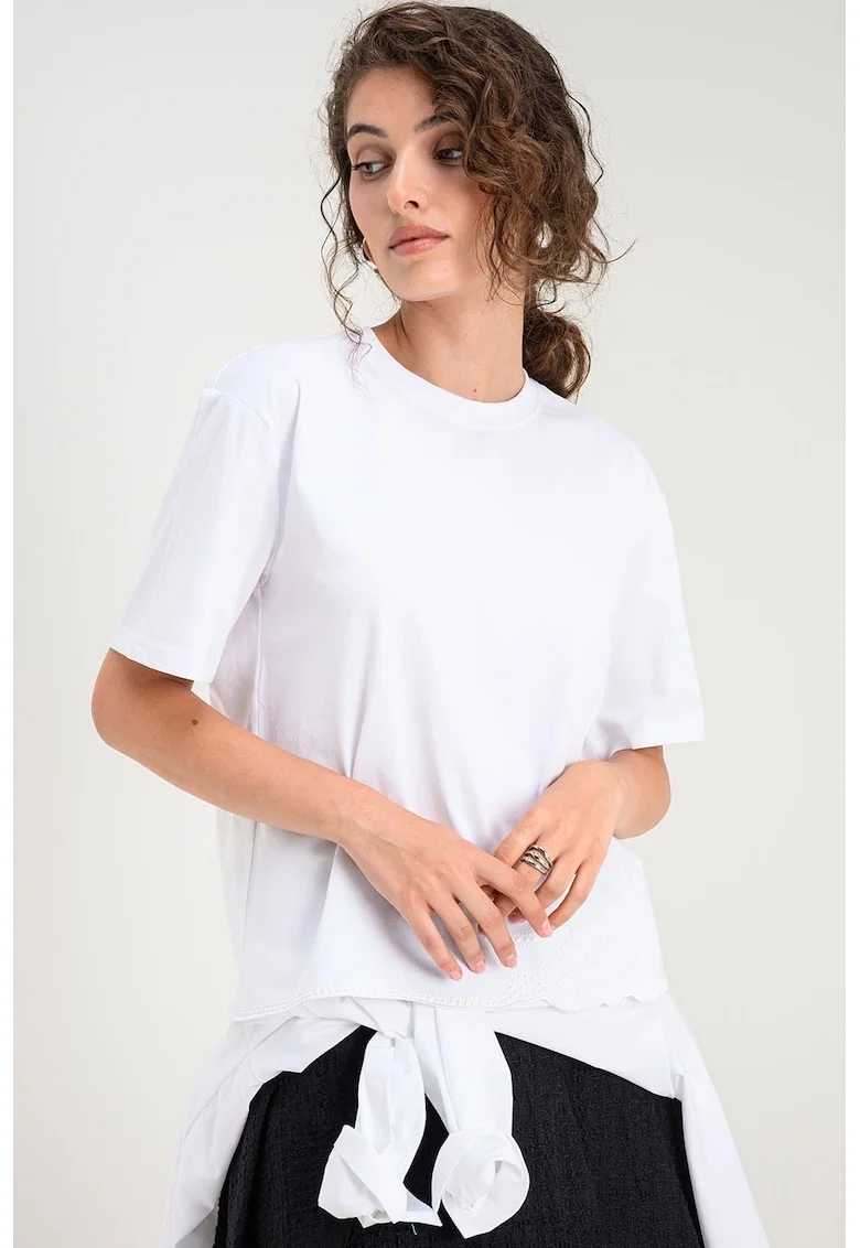 Tricou lejer din bumbac cu terminatie cu logo, Alb