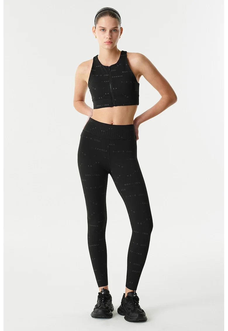Colanti crop skinny cu model text, Negru