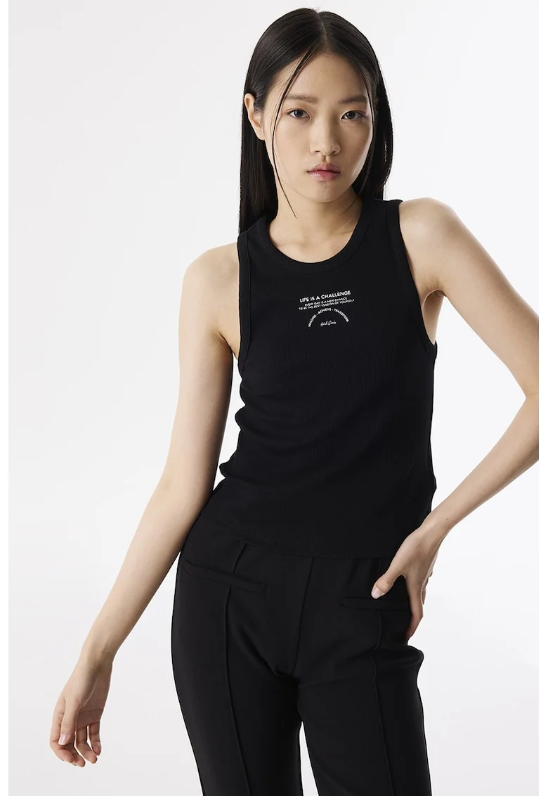 Top striat cu imprimeu text, Negru