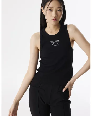 Top striat cu imprimeu text, Negru