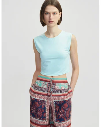 Top crop cu decolteu rotund, Turcoaz