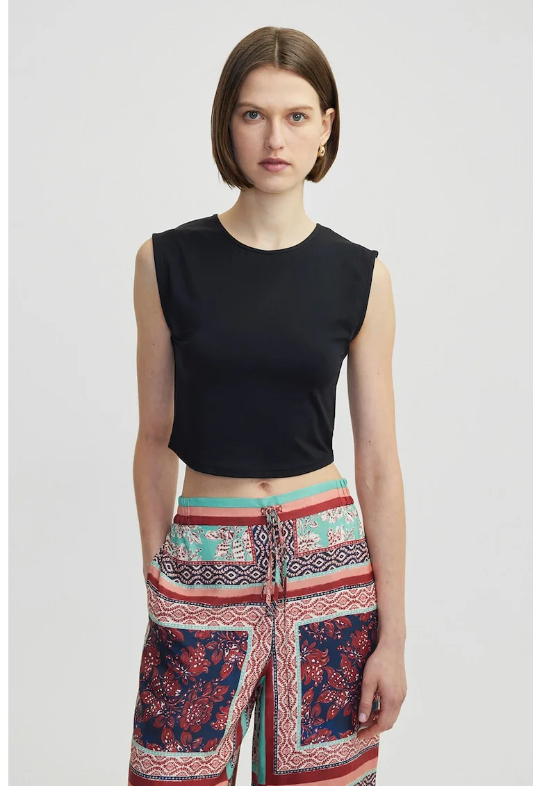 Top crop cu decolteu rotund, Negru