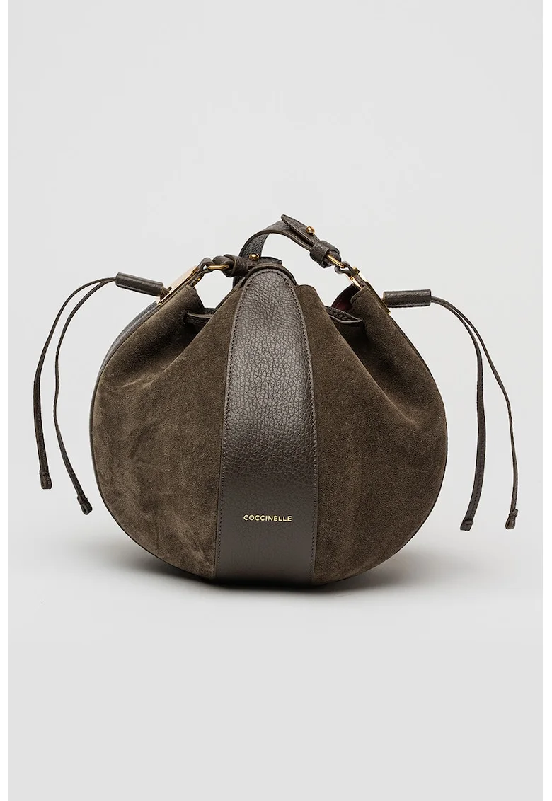 Geanta bucket de piele si piele intoarsa cu etui detasabil, Maro taupe inchis