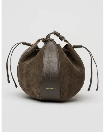 Geanta bucket de piele si piele intoarsa cu etui detasabil, Maro taupe inchis