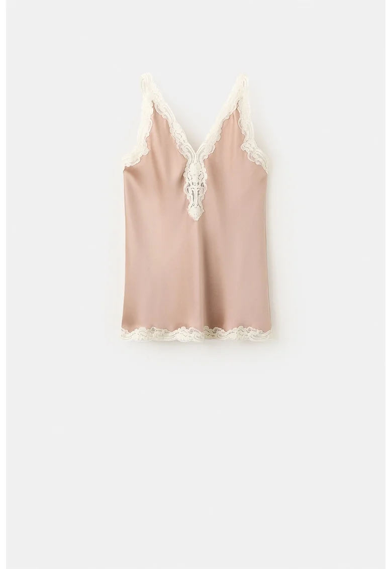 Top de satin cu insertii de dantela, Bej inchis