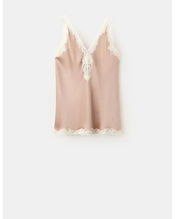 Top de satin cu insertii de dantela, Bej inchis