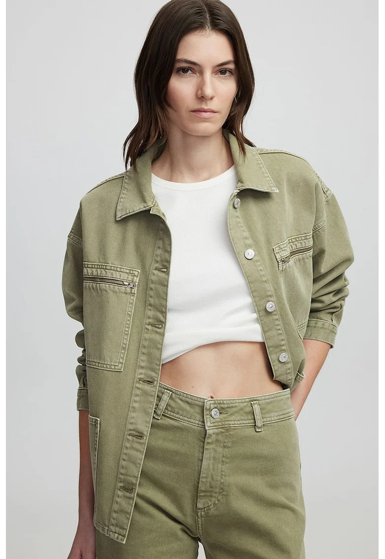 Camasa din denim cu buzunare cu fermoar pe piept, Verde stins