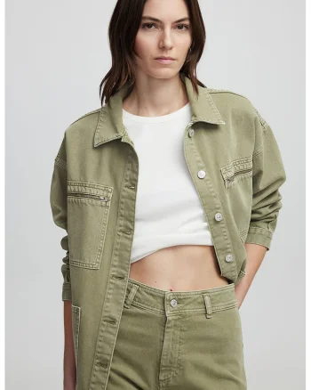 Camasa din denim cu buzunare cu fermoar pe piept, Verde stins