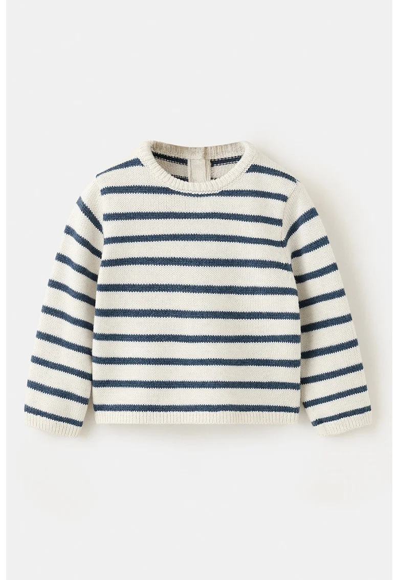 Pulover tricotat cu dungi, Alb fildes/Bleumarin