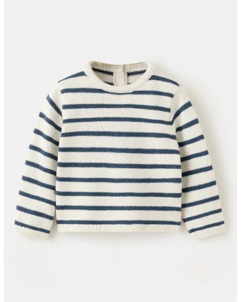 Pulover tricotat cu dungi, Alb fildes/Bleumarin