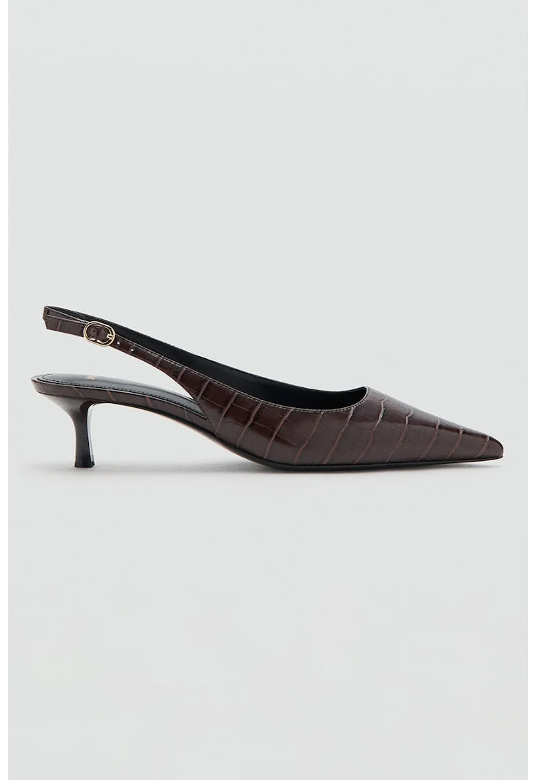 Pantofi slingback de piele ecologica cu model piele de reptila, Maro inchis